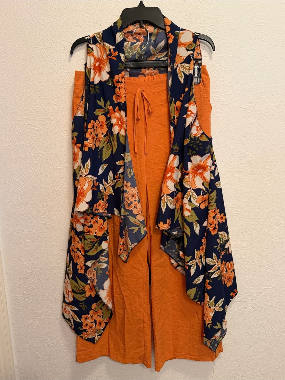 BOGOHO 🧡🧡🧡Navy & Orange Floral Open-Front Kimono w/Orange Wide Leg Slacks-Large